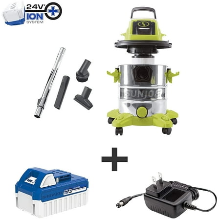 Sun Joe 24V Cordless Stainless Steel Wet or Dry Vacuum Kit, 5.3 Gallon, Green, 24V-WDV6000