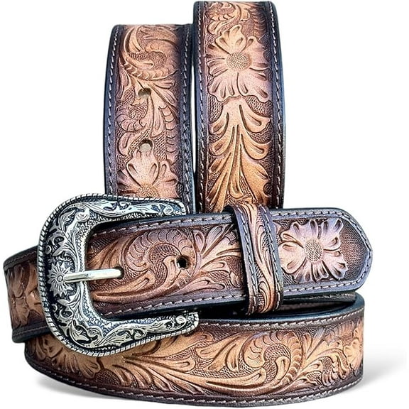 Men's Western Leather Cowboy Belt Tooled Embossed Handmade Belt with Removable Buckle 1.5” Wide
