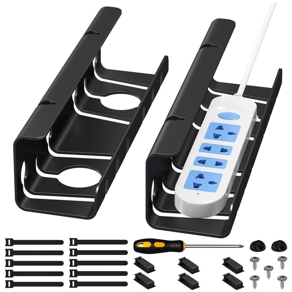 2-piece metal power strip storage rack, multi-function under-desk socket organizer with cable ties and screws for office gaming cable storage, punch-free installation