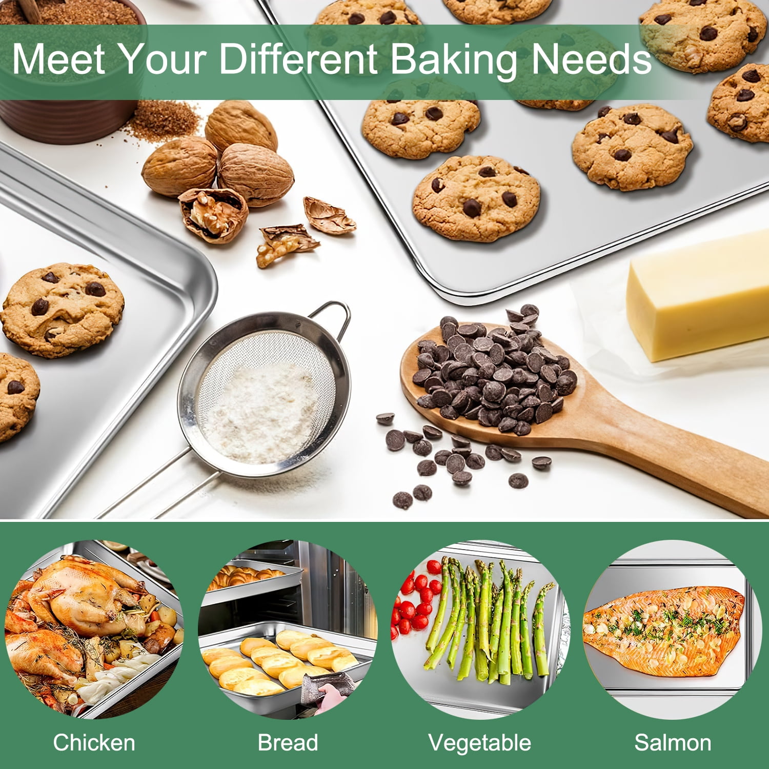 GPED Baking Sheet Pan Set of 3, 16/12/10.5 Inch, Stainless Steel Cookie Tray Pans Set for Oven, Rectangle Baking Tray for Cooking Roasting, Non Toxic & Easy Clean, Dishwasher Safe