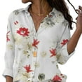 thumbnail image 3 of Decodeary Femmes Revers Manches Longues Blouse Filles Motif Manches Longues Blouse en Vrac Style Tops Chemise Blanc + Fleurs Rouges M 1Set, 3 of 6