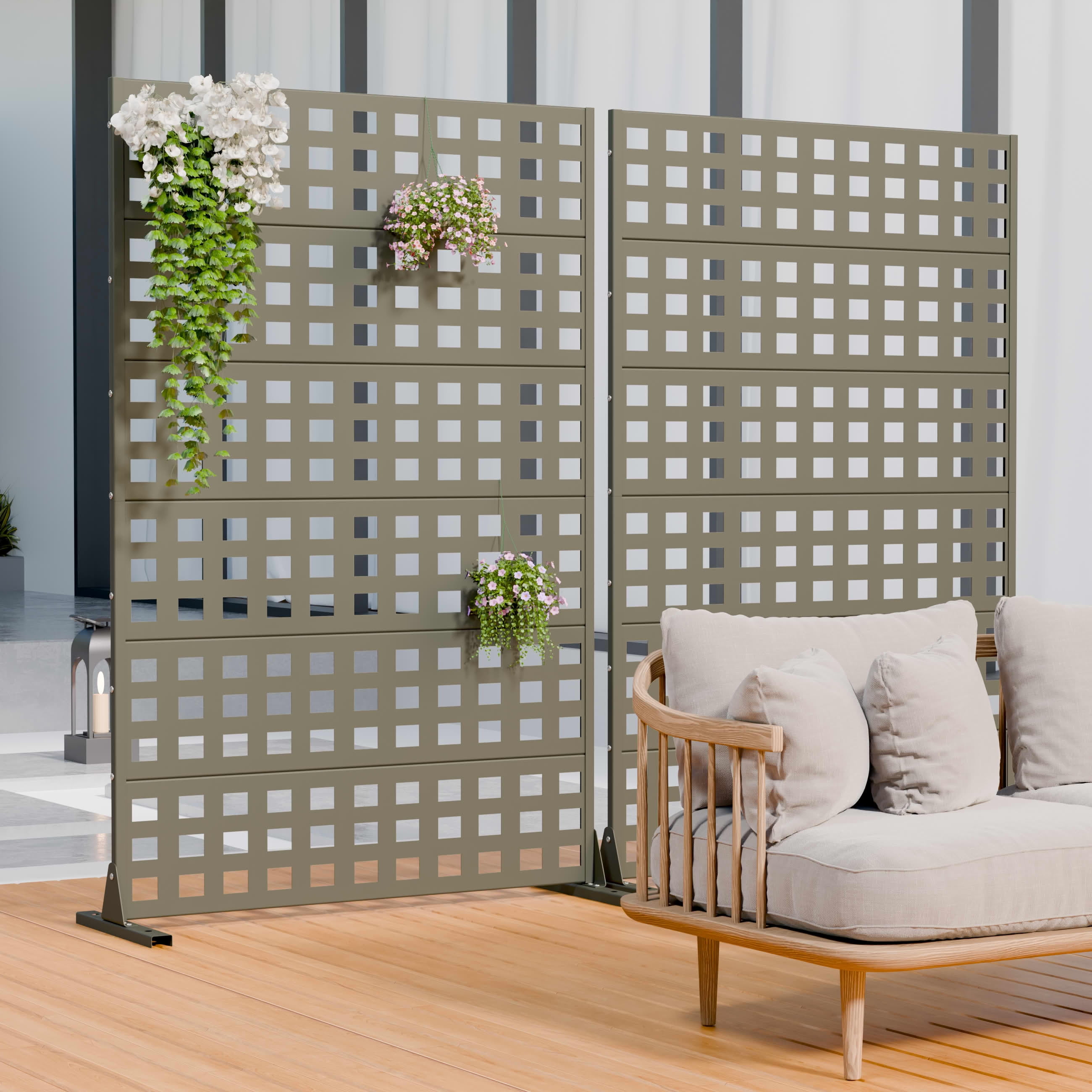 MAYEERTY 2-Piece Outdoor Metal Privacy Screen 6ft × 4ft Olive Gray, 6-Panel Lattice Pattern, Rust-Resistant for Garden