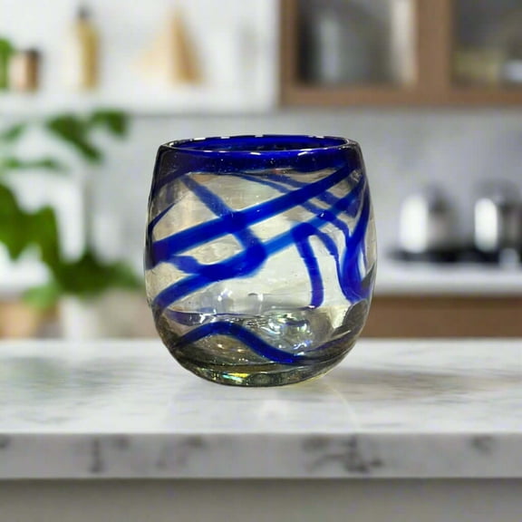 Mexican Stemless Wine Glass | Hand-Blown Blue Swirl Design (1Piece)