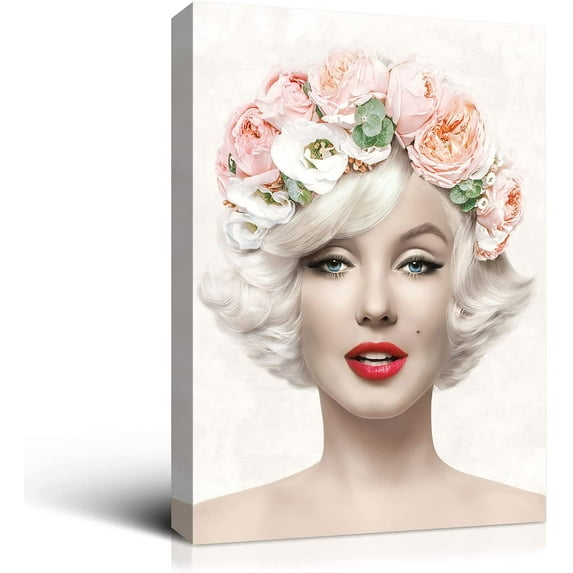 Rosework Framed Canvas Wall Art, 20x30 Inch, Beauty Portrait Print Marilyn Monroe with a Flower Crown, Made In USA