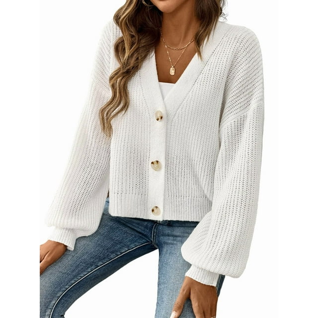 Women'S Cardigan Sweaters Fall Open Front Oversized Button V Neck Loose Soft Knit Outwear White M
