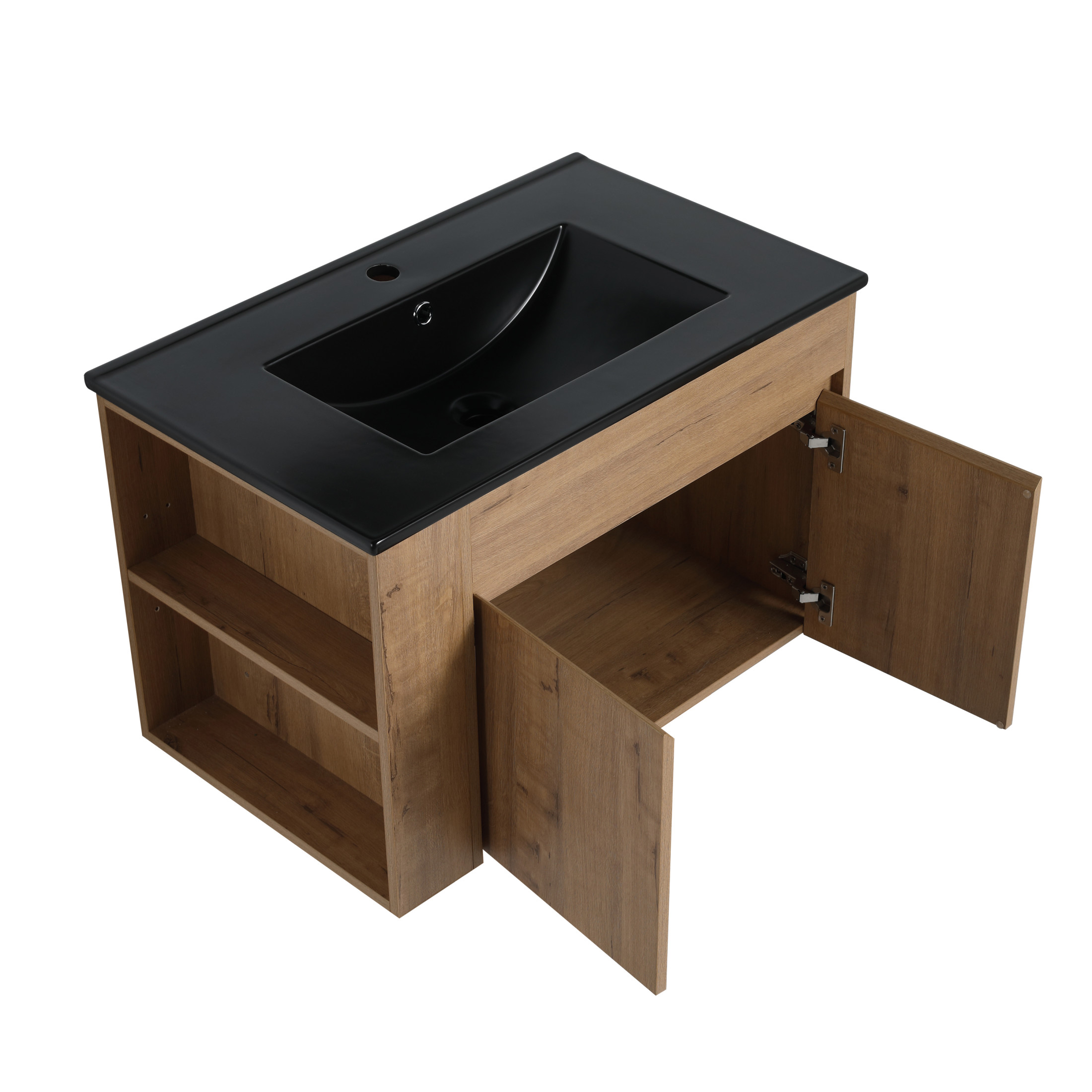 Noble House 30" Floating Bathroom Vanity with Black Ceramic Basin, Soft-Close, Adjustable Open Shelf, Imitative Oak