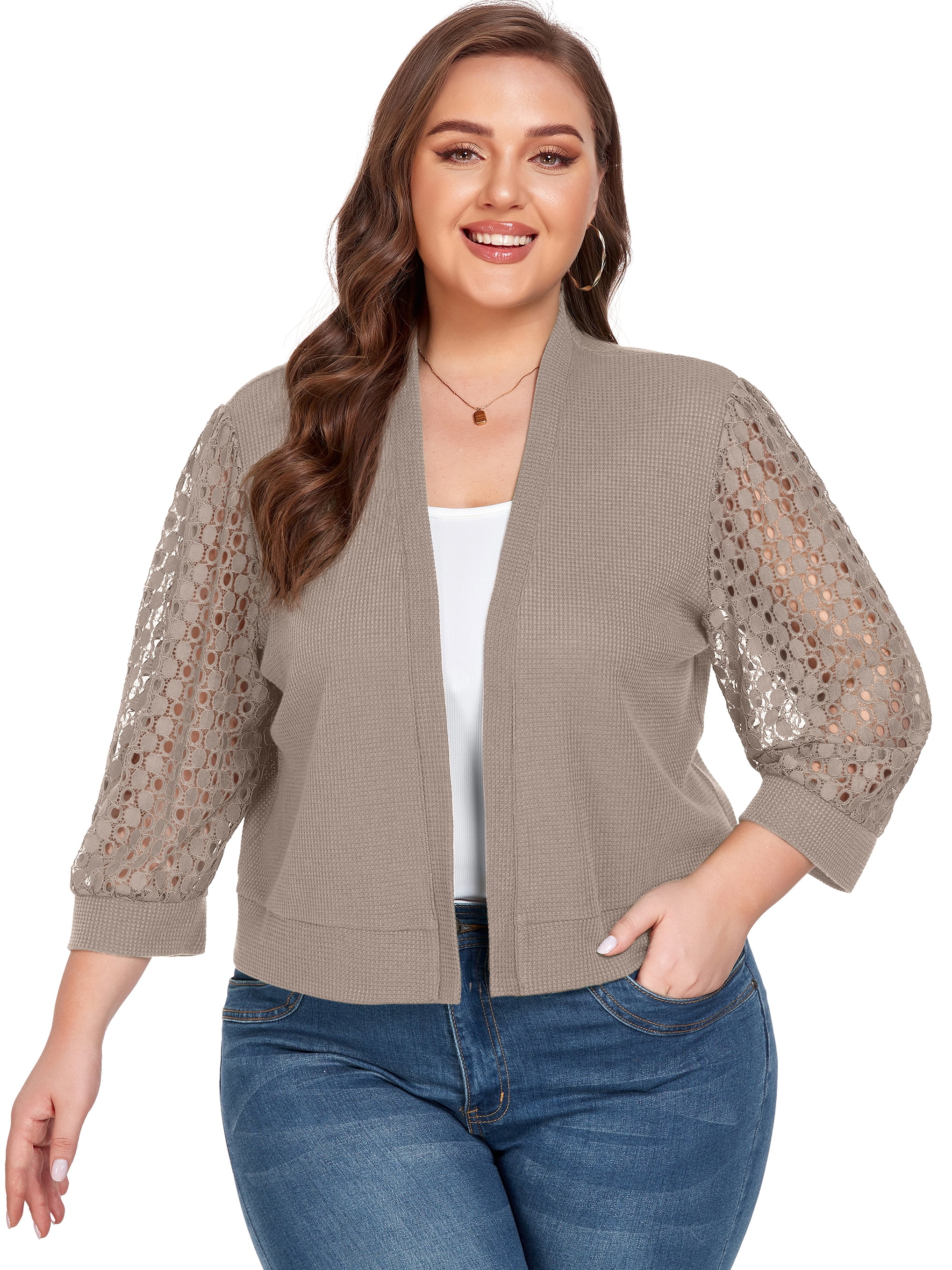 Cueply Womens Plus Size Cardigan Shrugs 3/4 Sleeve Open Front Cropped