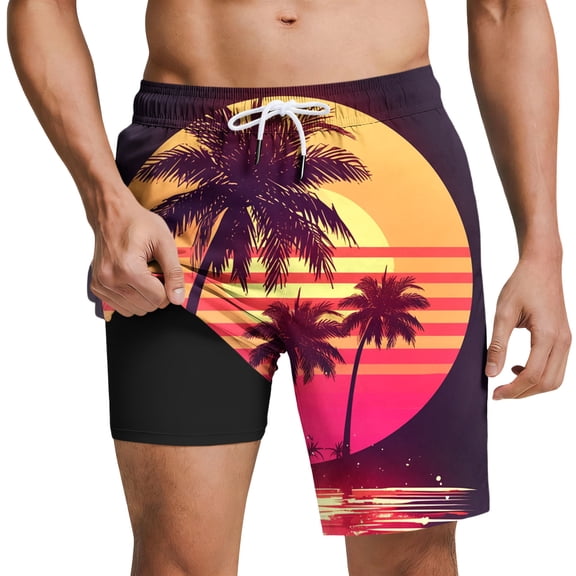 Lopecy-Sta Mens Swim Trunks with Compression Liner 2 In 1 Board Shorts Quick Dry Summer Breathable Swimming Trunks with Pockets