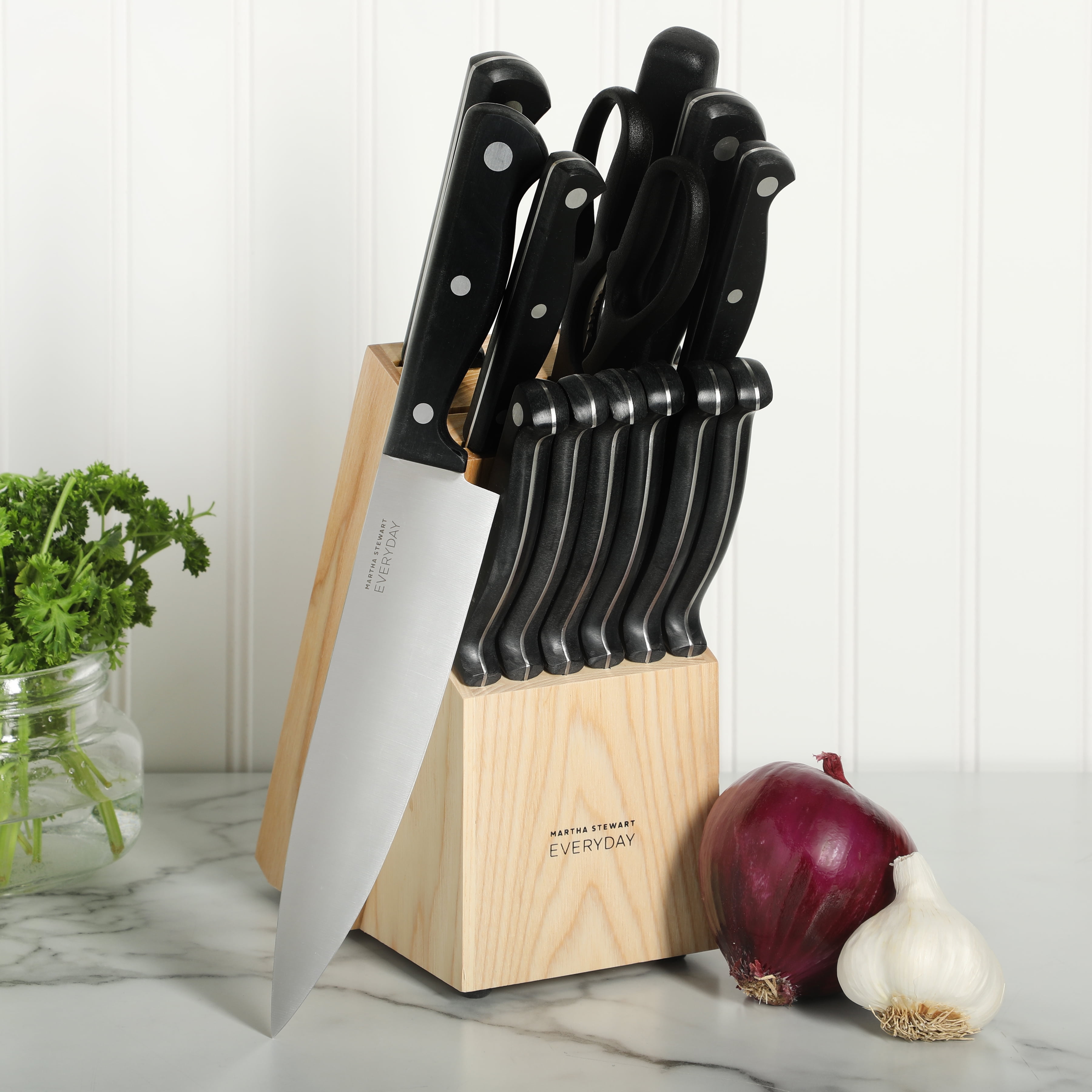 Martha Stewart Everyday Keswick 14-Piece Stainless Steel Kitchen Knife Set with Wood Block, Black