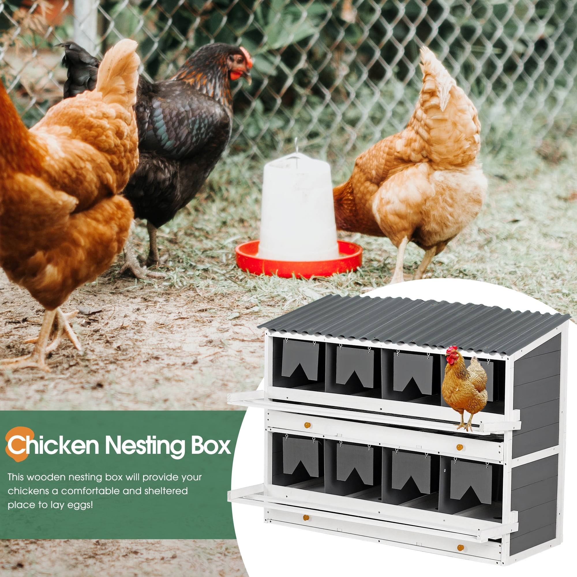 Wooden Chicken Nesting Box, 8 Compartments Egg Laying Boxes for Hens, Ducks and Poultry with Rollout Eggs Collection, PVC Roofing and Foldable Perches, 47"Lx26.4"Wx35.4"H