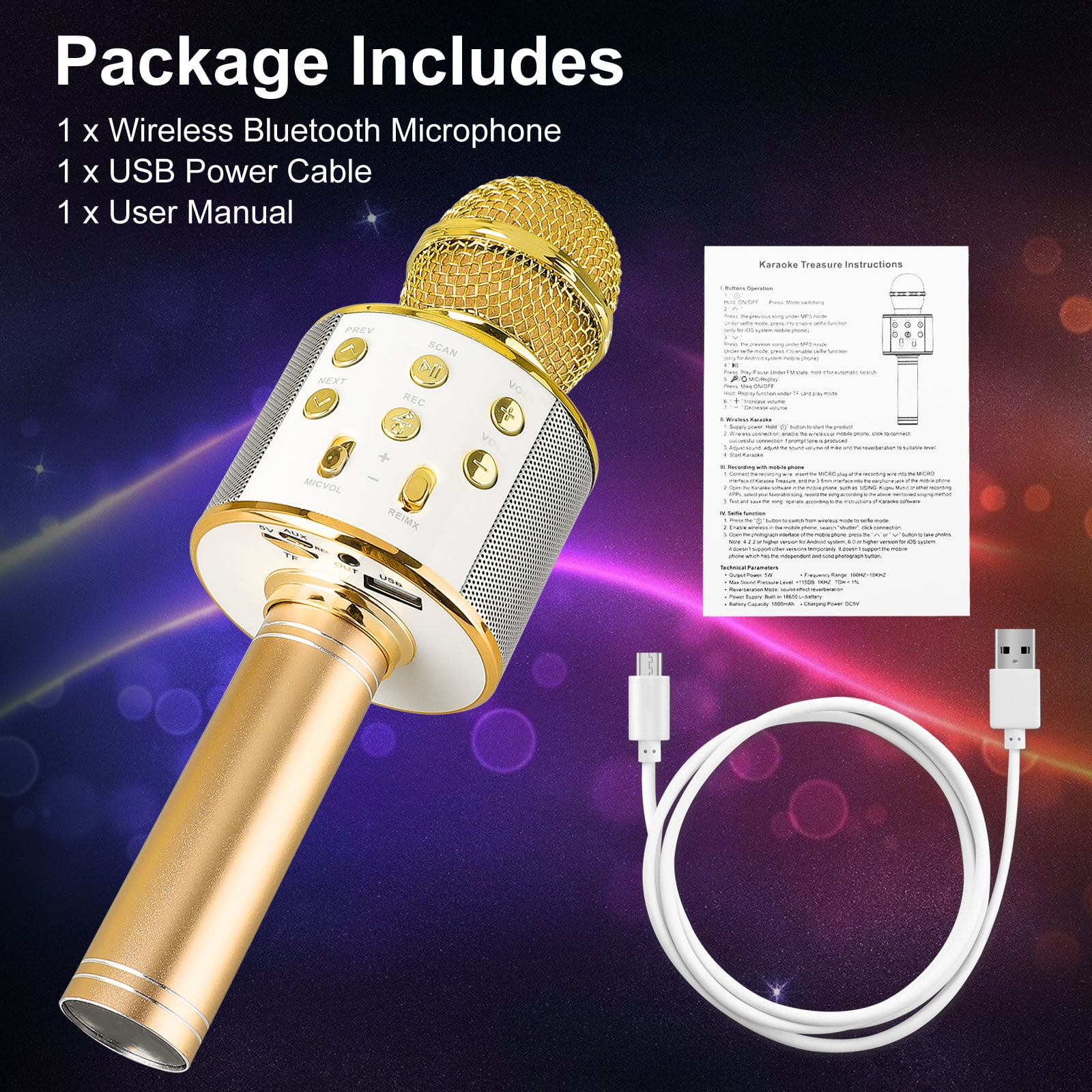 Gold） 4 in 1 Portable Handheld Karaoke Speaker Machine Thanksgiving Day for Android/iPhone/iPad/Sony/PC or All Smartphone SLKIJDHFB Wireless Bluetooth Karaoke Microphone with Multi-color LED Lights 