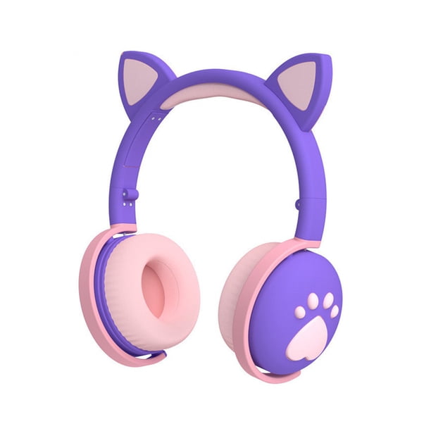 Seitruly Auriculares Bluetooth que brillan intensamente lindo LED oreja de gato pata niñas regalo niños auriculares inalámbricos estéreo HIFI bajo Cables de audio/vídeo Violeta en caja