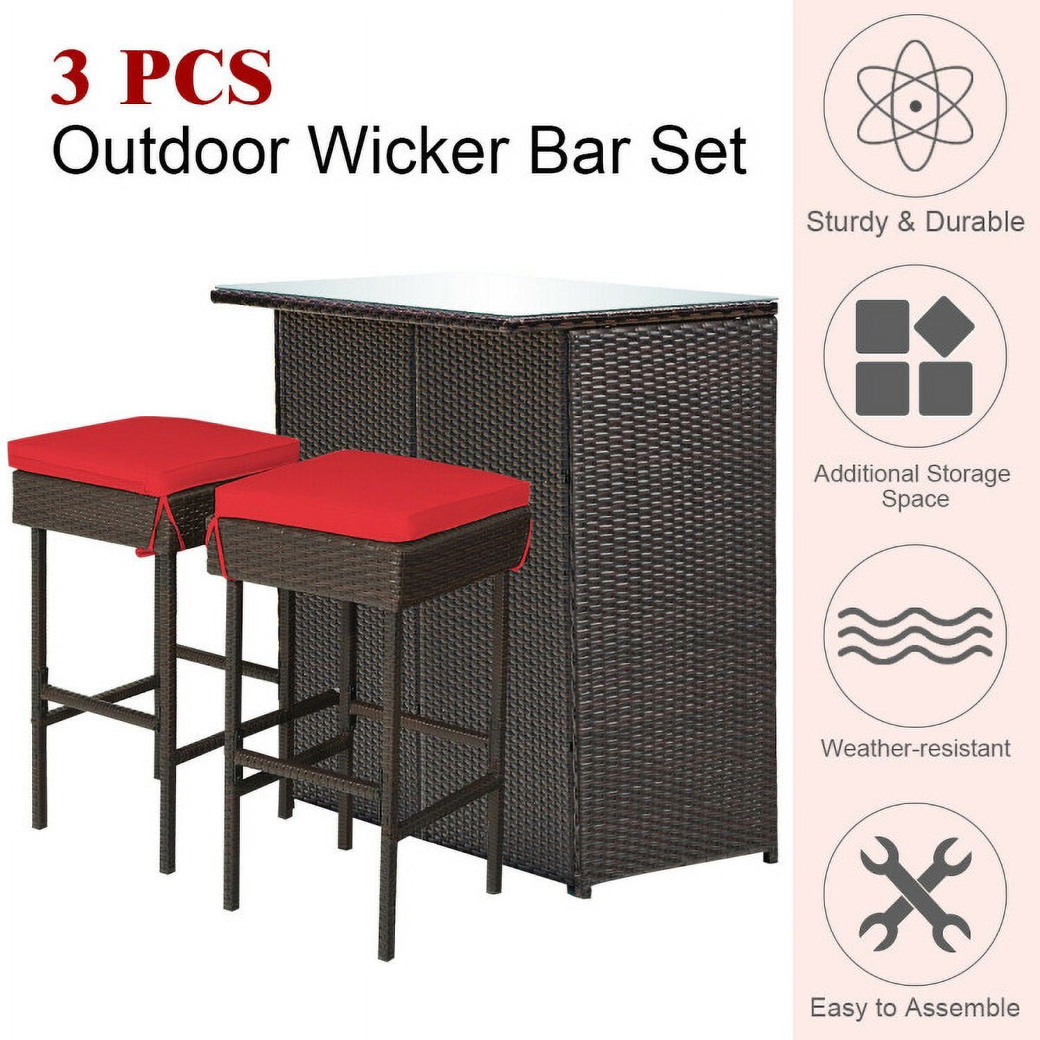 Aimee Lii 3PCS Patio Rattan Wicker Bar Table Stools Dining Set, Outdoor Patio Furniture, Red Aimee Lii 3PCS Patio Rattan Wicker Bar Table Stools Dining Set, Outdoor Patio Furniture, Red