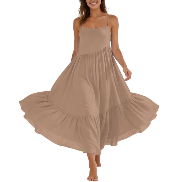 TaTaai Women's 2026 Summer Spaghetti Strap Ruffled Asymmetric Solid Maxi Dress Loose Beach Sundress for Daily & Vacation Gift