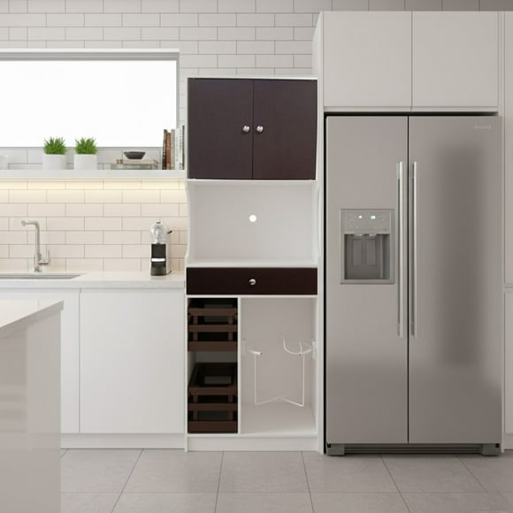 Mueble Organizador Alacena Cocina Vitrina Puertas Cajones Blanco con nogal