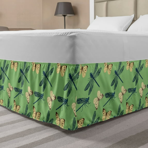 Dragonfly Bed Skirt, Random Design of Wild Nature Insects Cabbage Butterflies, Elastic Bedskirt Dust Ruffle Wrap Around for Bedding Decor, 4 Sizes, Petrol Blue Pale Green, by Ambesonne