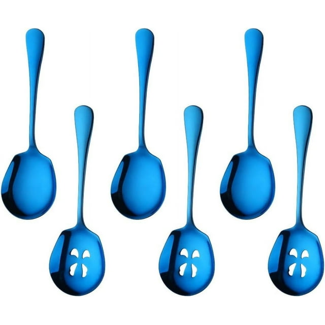 Meisha Serving Spoons Set, 3 Serving Spoons and 3 Slotted Serving Spoons, Blue Stainless Steel Serving Utensils for Buffet Can Banquet Cooking Kitchen - Mirror Polished