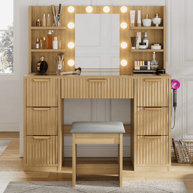 Noble House 7-Drawer Vanity Desk with Power Outlet & Glass Top,Fluted Design with 10 LED Lights Mirror & Chair,Natural