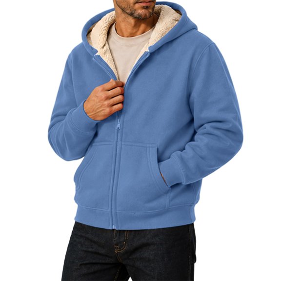Mens Winter Coat Zip Up Long Sleeve Thick Winter Jacket Hooded Sherpa Fleece Lined Work Lightweight Fall Trendy Outerwear with Pockets Light Blue L