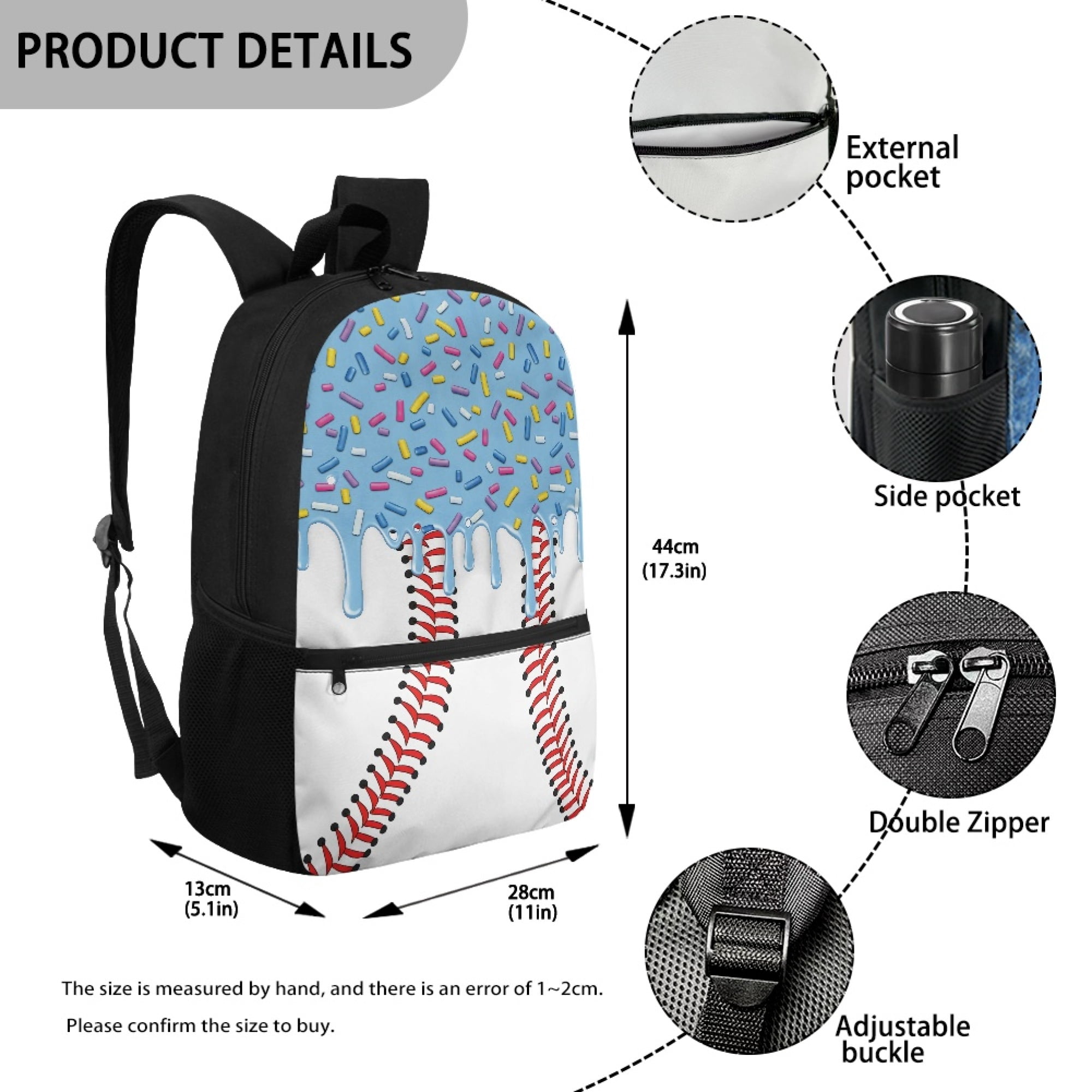 Uourmeti Baseball and Donut Print Student Bookbag, Big Storage Space School Backpack 17 Inch Large Capacity Polyester Backpack for Travel Outdoor