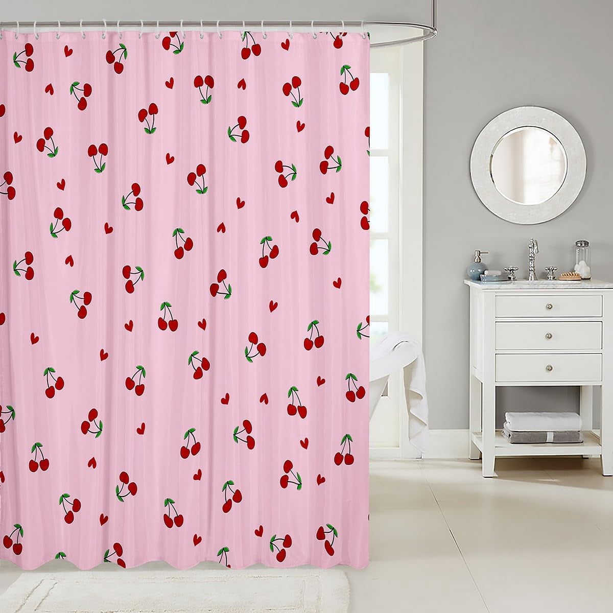 Kids Cherry Bathroom Shower Curtain Set Cherry Pattern Shower Curtain Boys Girls Cute Fruit Bath Curtain for Kawaii Cartoon Fruit Teens Bathroom Accessories Room Decor 72"x72"