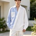 thumbnail image 4 of Men’s Loose‑Fit Asymmetrical Striped Patchwork Shirt, Oversized Color‑Block Long Sleeve Lapel Shirt Jacket, Comfort‑Focused Top For Daily Outings Dating And Light Outdoor Use, 4 of 6