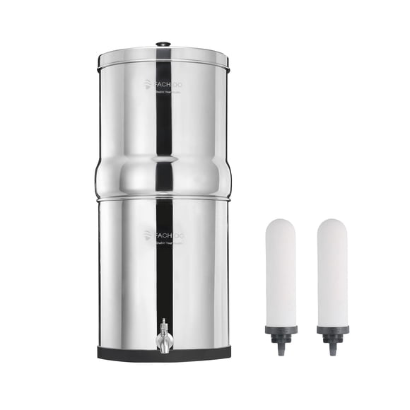 FACHIOO 2.25 Gallon Stainless Steel Gravity-Fed Water Filter System with 2 White Ceramics Purification Washable Filter, Portable Countertop Filter Sy