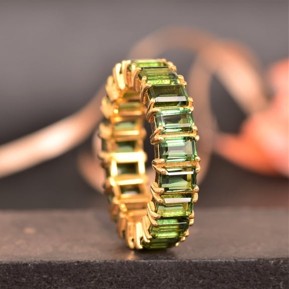 Green Emerald Eternity Emerald Cut Band Ring Silver Gold Stacking Ring, Anniversary Gift, Gift For Her