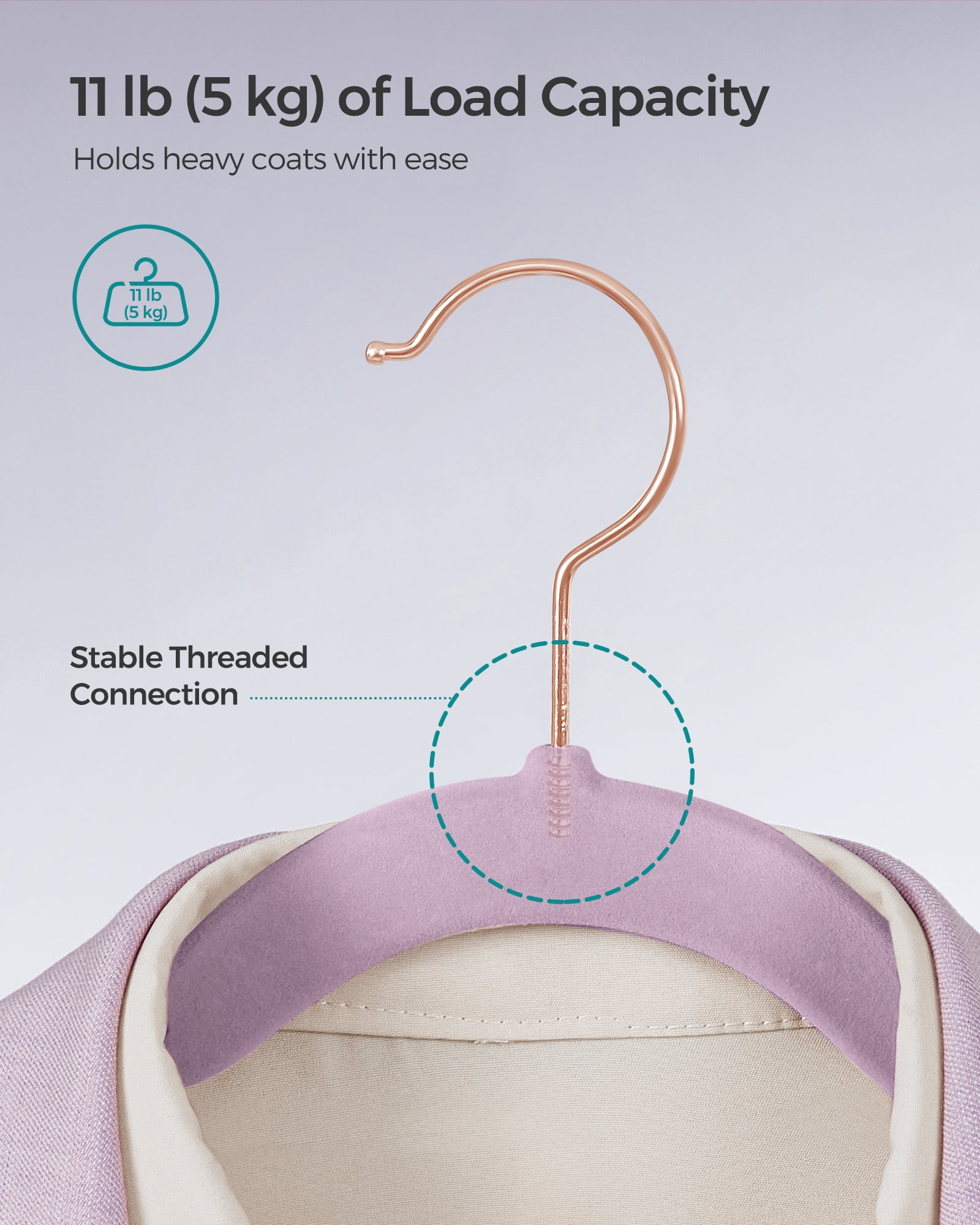 50-Pack Velvet Hangers with Rose Gold Swivel Hooks, Non-Slip Heavy-Duty Slim Clothes Hangers, 11 lb Capacity, Light Purple