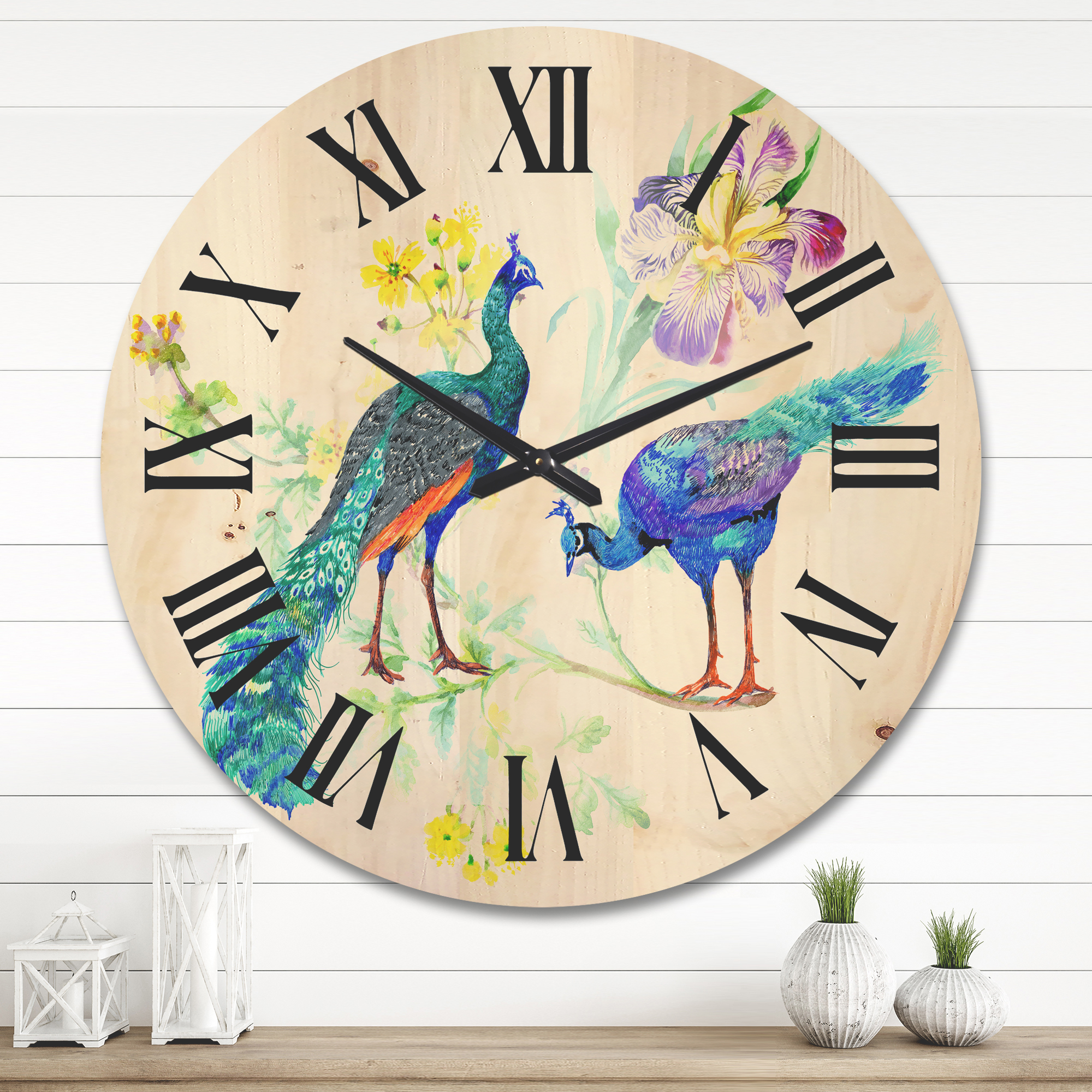 Designart 'Iris Flowers and Peacocks' Traditional Wood Wall Clock