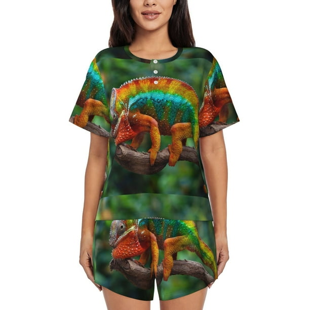 Balery Chameleon Conjunto de Pijama para Mujer con Estampado, Dos Piezas de Manga Corta y Shorts, Ropa de Dormir Suave con Cuello Redondo y Bolsillos-Small