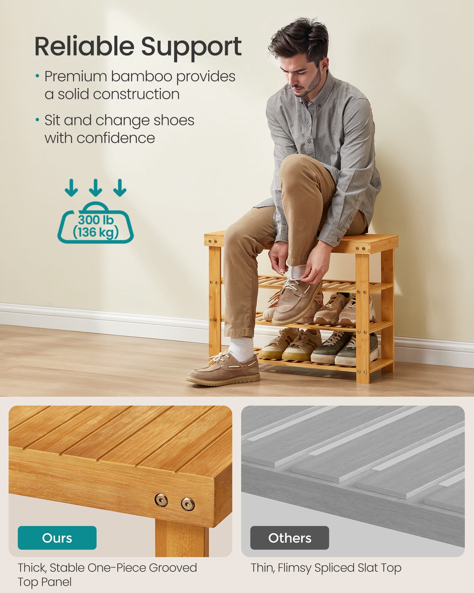 SONGMICS Shoe Rack Bench, 3 Tier Bamboo Shoe Storage Organizer, Entryway Bench, for Living Room, Bathroom, Bedroom, 11.3 x 27.6 x 20.5 Inches, Light Bamboo
