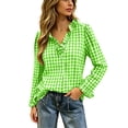 thumbnail image 3 of Womens Fashion Checkered Shirt Gingham Plaid Long Sleeve Shirts Ruffle V Neck Button Down Loose Blouse Tops with Ruffled Cuffs, 3 of 8
