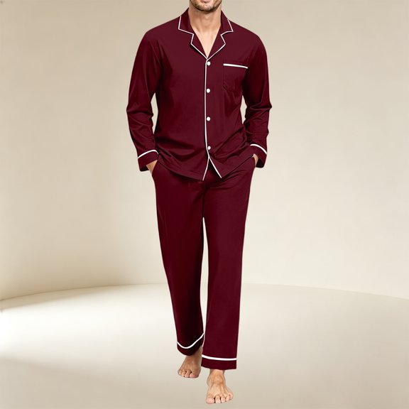 Men Pajama Set 2pcs Pjs Long Sleeve Button Down Sleepwear Soft Loungewear Set with Pockets