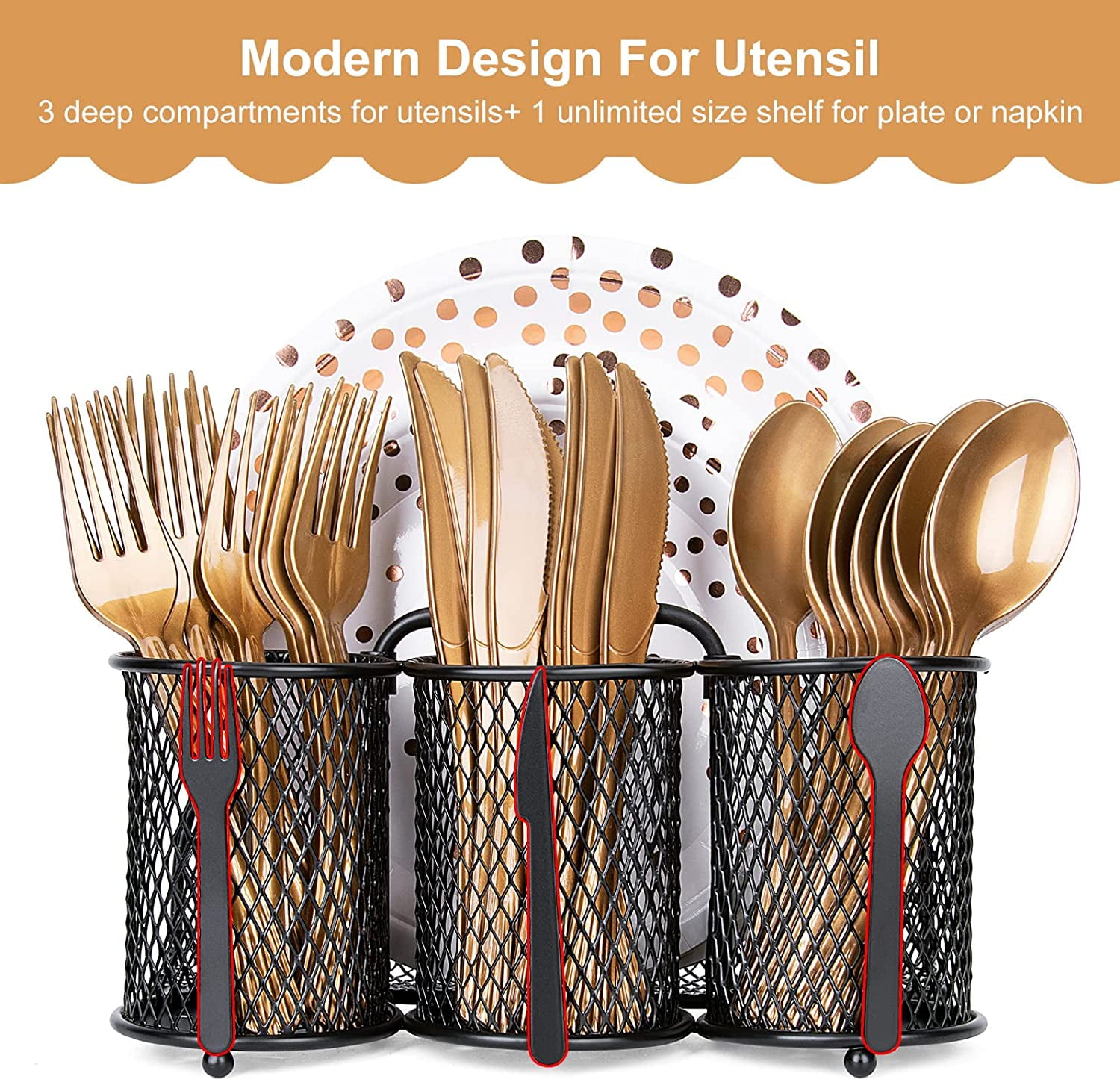 Utensil Organizer Silverware Caddy - Utensil Holder for Party Metal Cutlery Organizer Silverware Storage for Picnic Camping Buffet Kitchen Table (Black)