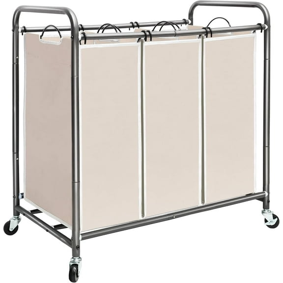 3 Section Laundry Sorter, 35.9 Gal (136 L) Laundry Hamper Cart with Heavy Duty Rolling Lockable Wheels and Removable Bags, Clothes Organizer Basket Clothes Separator Hamper, Beige