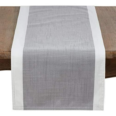 

Fennco Styles Grey and White Two Tone Banded Border Table Runner 16 x 90 Inch - Classic Table Cover for Everyday Use Banquets Family Gathering and Special Events
