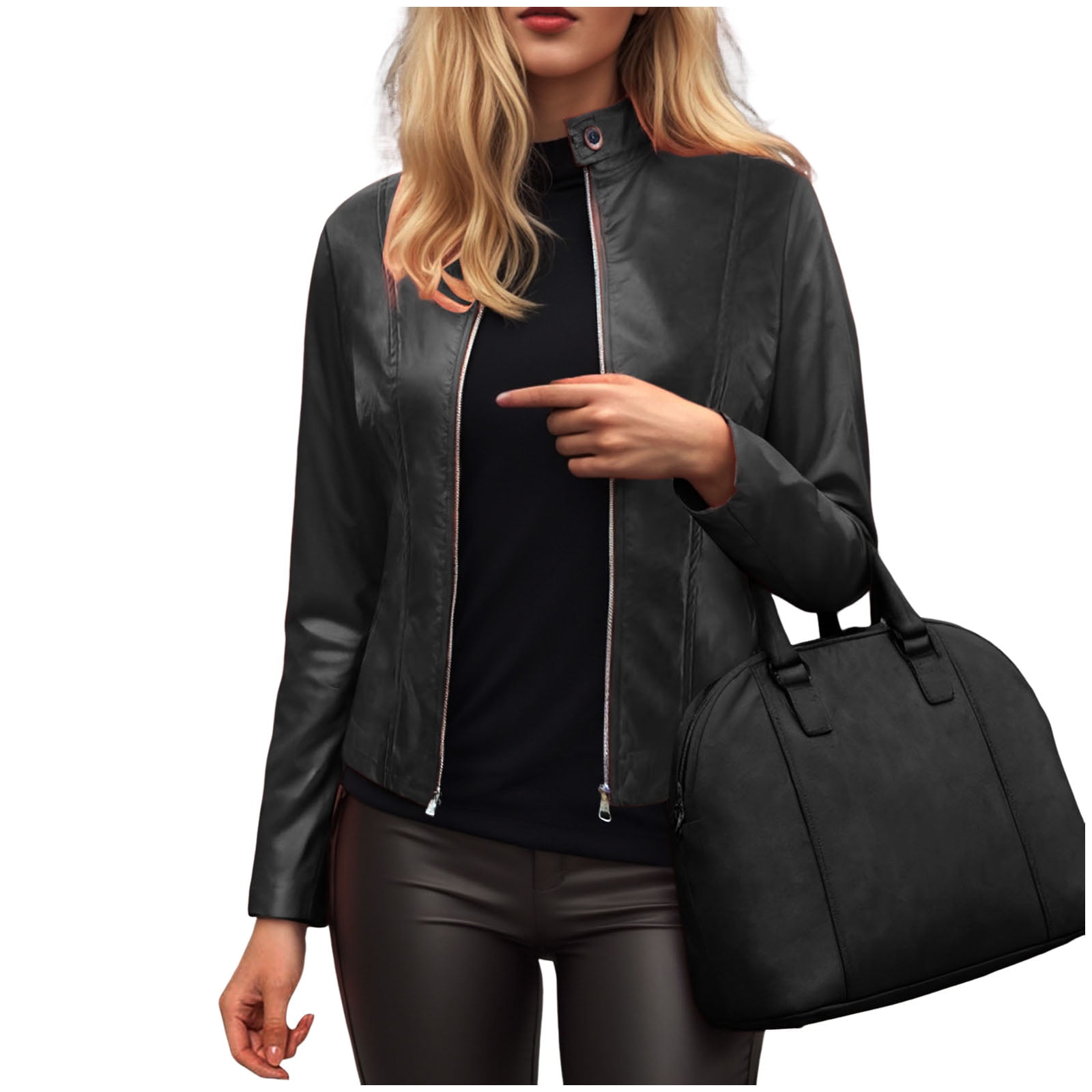 GEWSEY Womens Faux Leather Long Sleeve Jackets Quilted Moto Outwear Slim Lapel Coats (Black, M)