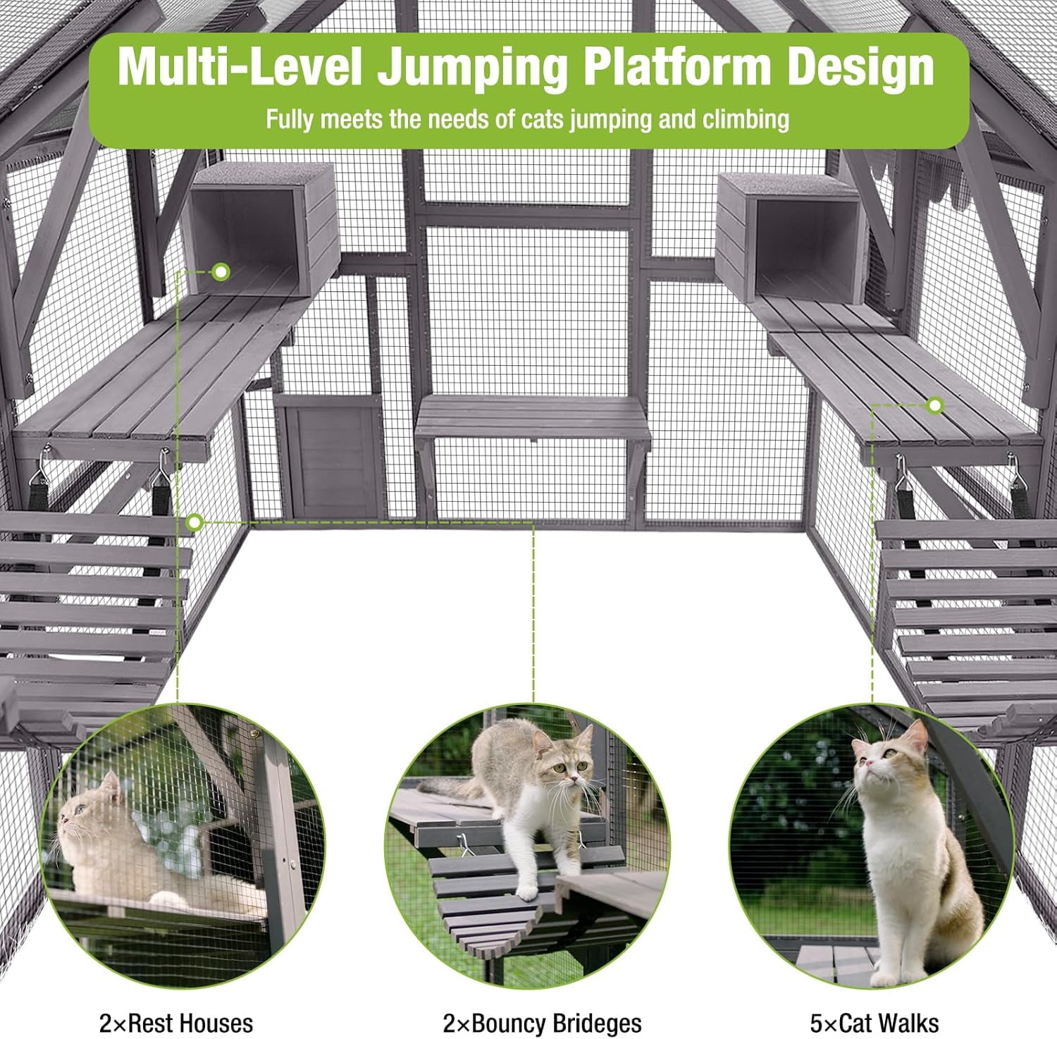ZephyPaws 111 in Large Catio Outdoor Cat Enclosures,Wooden Cat House with Rest Houses,Platforms,Bridge and Waterproof UV Cover,Gray