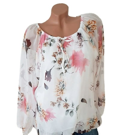 Printed Chiffon Womens Plus Size T-shirt Summer Chiffon Floral Printed Casual Off Shoulder O-neck Long Sleeve Retro Tunic Blouse Tops ()