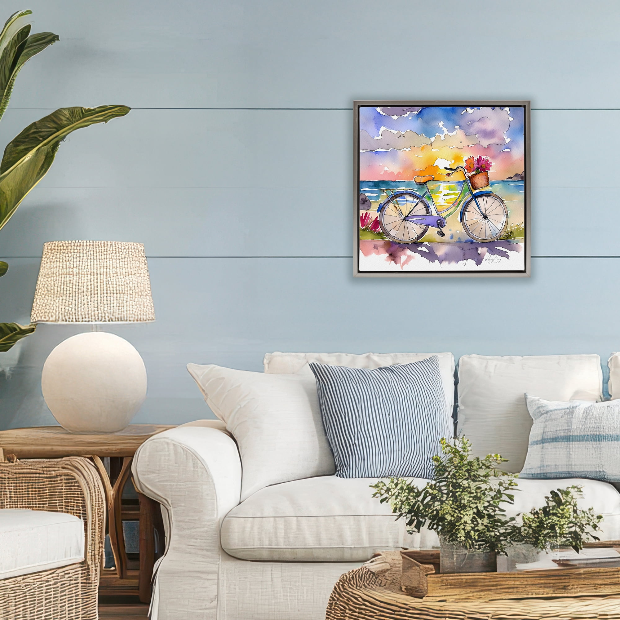 Stupell Industries Bicycle By The Seaside Gray Framed Floater Canvas Wall Art, design by Shelly Craig