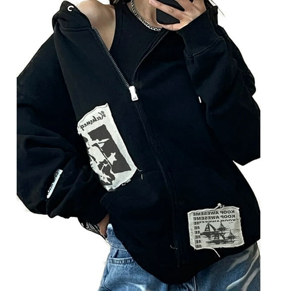 Shinycome Women Harajuku Long Sleeve Hoodies for Jacket Punk Rock Vintage Patch Design Zip Up Sweatshirt Hip Hop Oversized Loose C