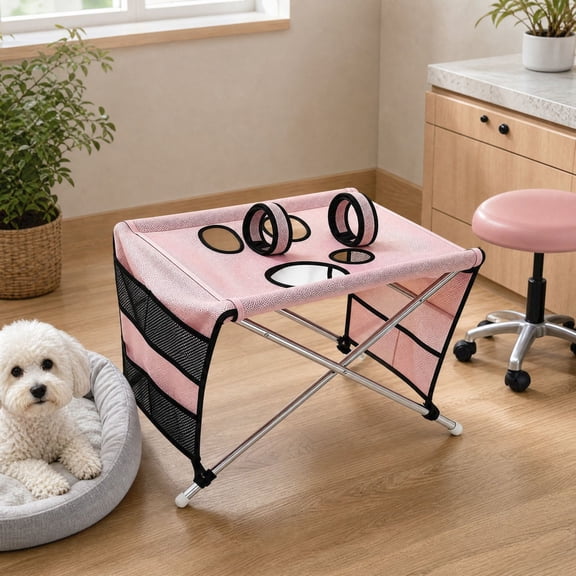Foldable Stainless Steel Pet Grooming Table with Detachable Hammock & Storage Pockets, Portable Pet Bathing Stand for Small Dogs Cats Nail Trimming Hair Drying Home Grooming Salon Blue