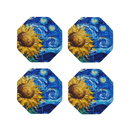 

Fuzoiu Whimsical Sunflowers Night Sky Print Leather Coasters Set Drink Coasters Set of 4 for Tabletop Protection Durable PVC Coasters Home Décor and Housewarming Gift-Octagon