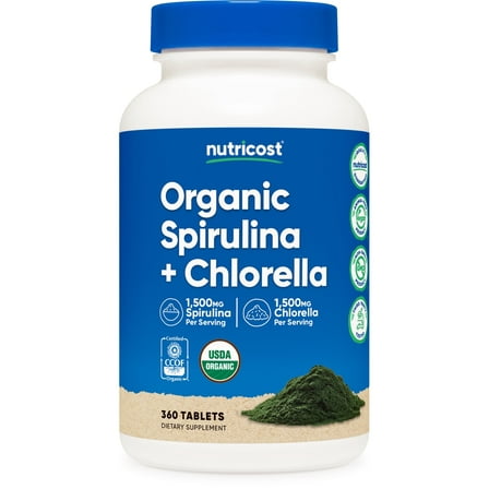 Nutricost Organic Spirulina   Chlorella (3,000mg) 360 Tablets - USDA Organic, 1,500mg Spirulina, 1,500mg Chlorella, Vegan, GMO-Free, Gluten-Free, 60 Servings