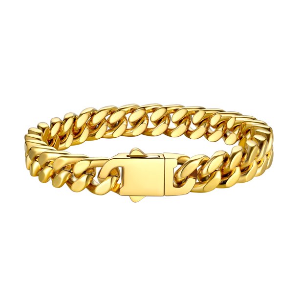 Brazalete Bestyle con cadenas cubanas de Miami chapadas en oro de 18 quilates, 19 cm