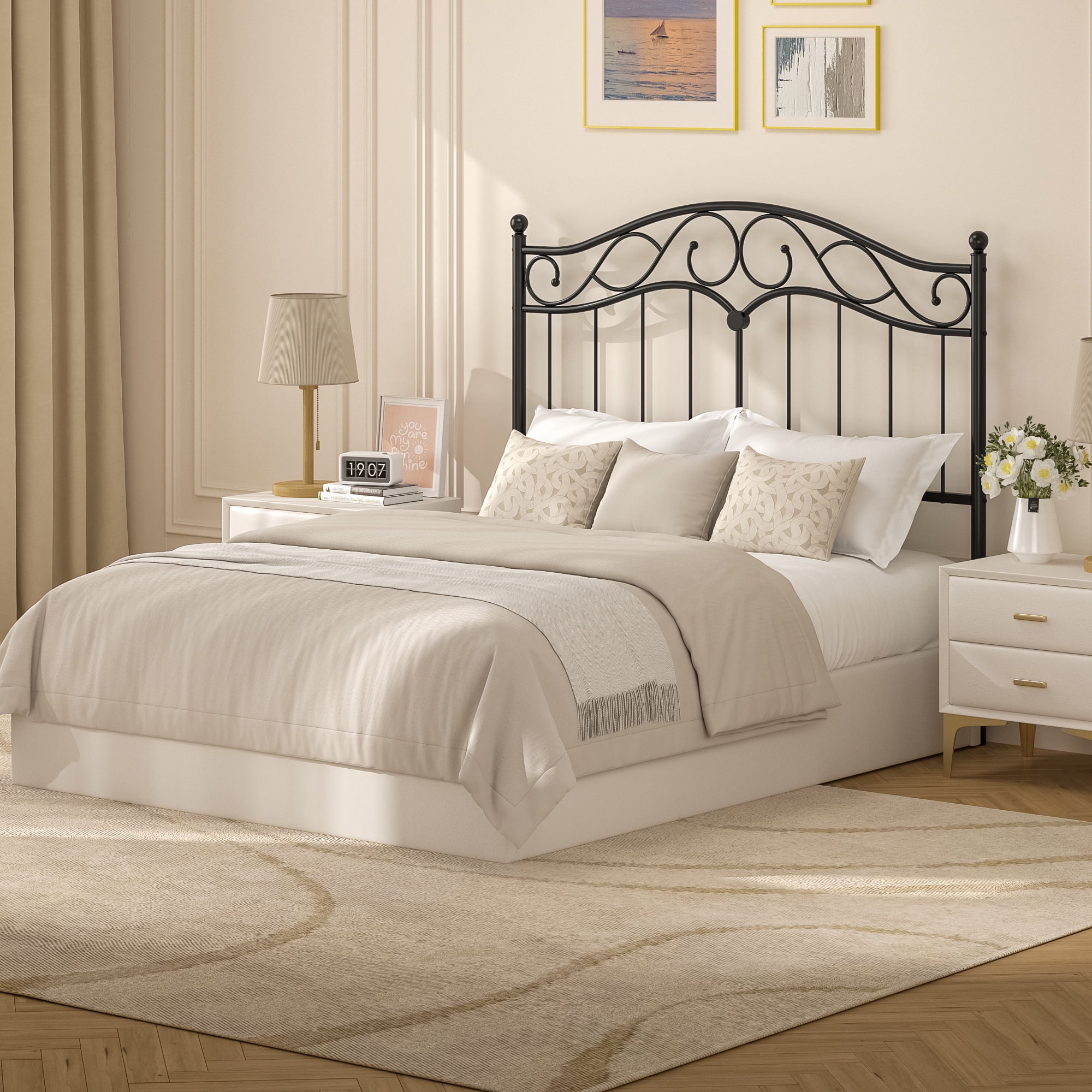 Yoneston Retro Sturdy Cute Scrolled Metal Full Size Headboard with Adjustable Height for Full Beds, Black