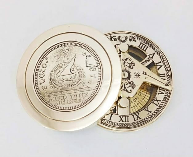Maritime treasures Vintage Brass Pocket Compass with Sundial – Antique Style Magnetic Navigation Compass for Hiking, Camping, Survival, Travel & Nautical Collectors