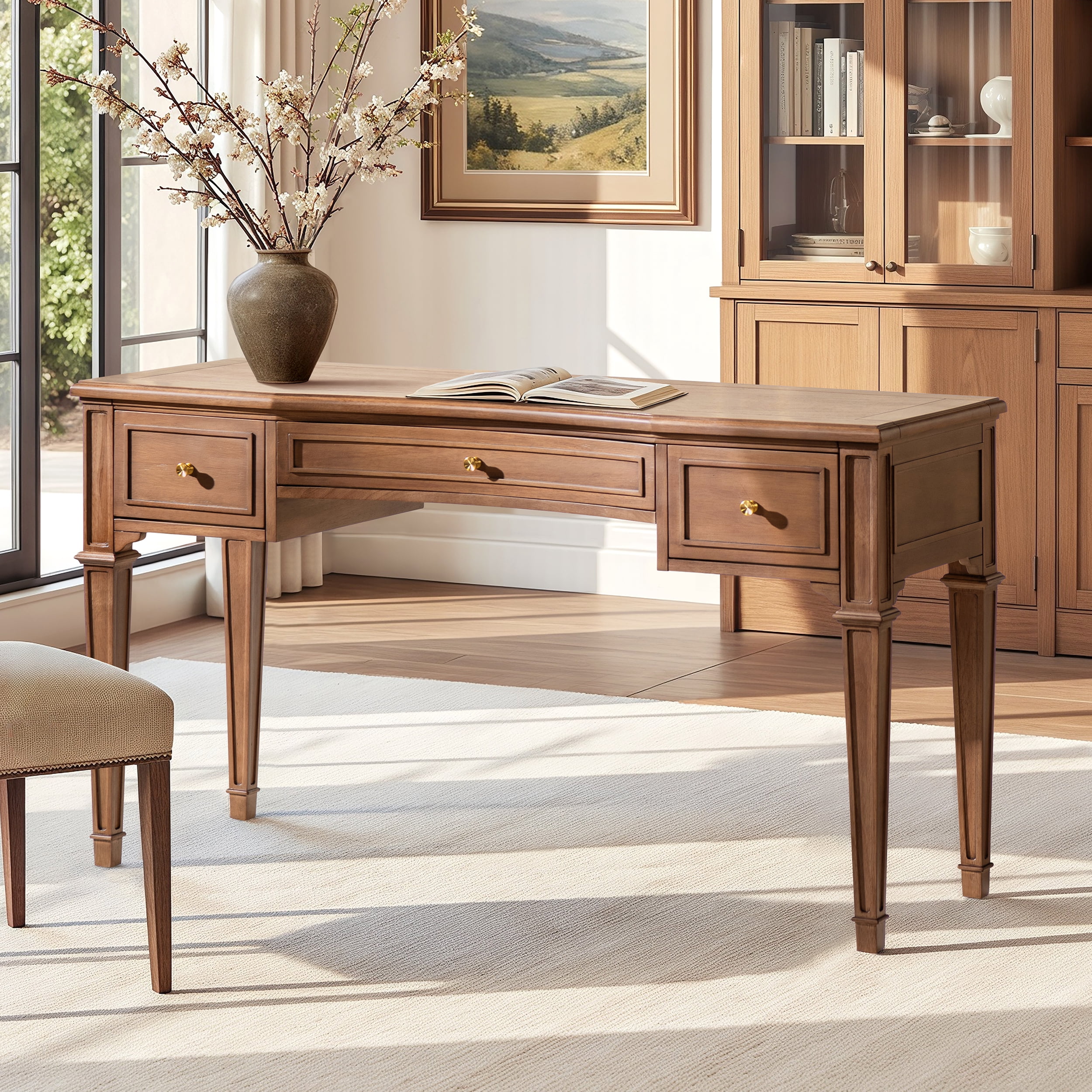 Dauphin 55" 3-Drawer Wood Executive Desk Brown Rubber Wood & Veneer