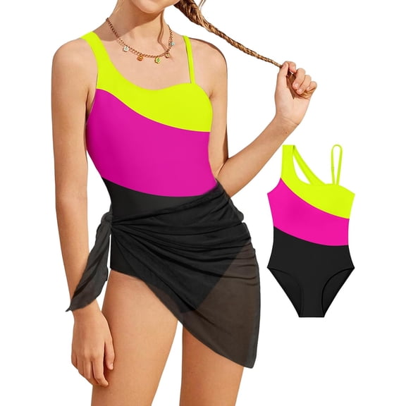 JAJAHO Girls One Piece Swimsuit Asymmetrical Bathing Suit With Mesh Cover Ups 2 Piece Beach Outfits For Kids Teens 7-18 Years Trendy Swimwear